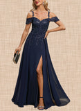 Sage A-line Cold Shoulder Off the Shoulder Floor-Length Chiffon Lace Evening Dress With Sequins UKP0020794