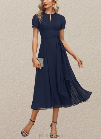 Marley A-line Scoop Tea-Length Chiffon Cocktail Dress With Pleated UKP0020800