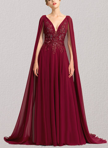 Nydia A-line V-Neck Sweep Train Chiffon Lace Evening Dress With Sequins UKP0020803