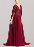 Nydia A-line V-Neck Sweep Train Chiffon Lace Evening Dress With Sequins UKP0020803