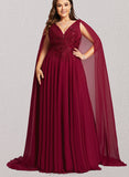 Nydia A-line V-Neck Sweep Train Chiffon Lace Evening Dress With Sequins UKP0020803