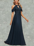 Jaelyn A-line Cold Shoulder Scoop Floor-Length Chiffon Lace Evening Dress With Sequins UKP0020808