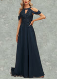 Jaelyn A-line Cold Shoulder Scoop Floor-Length Chiffon Lace Evening Dress With Sequins UKP0020808