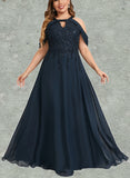 Jaelyn A-line Cold Shoulder Scoop Floor-Length Chiffon Lace Evening Dress With Sequins UKP0020808