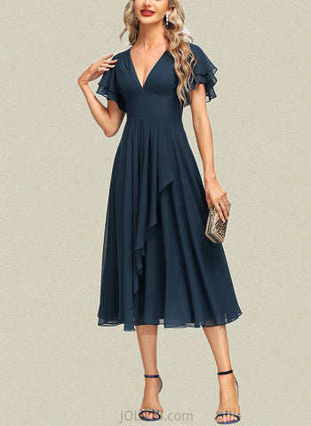 Kenya A-line V-Neck Tea-Length Chiffon Evening Dress With Cascading Ruffles UKP0020810