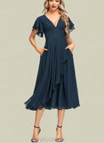 Kenya A-line V-Neck Tea-Length Chiffon Evening Dress With Cascading Ruffles UKP0020810