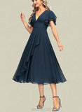 Kenya A-line V-Neck Tea-Length Chiffon Evening Dress With Cascading Ruffles UKP0020810