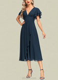 Kenya A-line V-Neck Tea-Length Chiffon Evening Dress With Cascading Ruffles UKP0020810