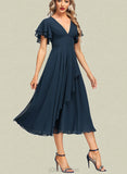 Kenya A-line V-Neck Tea-Length Chiffon Evening Dress With Cascading Ruffles UKP0020810