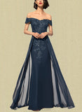 Alyssa Sheath/Column Off the Shoulder Floor-Length Chiffon Lace Evening Dress With Sequins UKP0020812