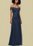 Alyssa Sheath/Column Off the Shoulder Floor-Length Chiffon Lace Evening Dress With Sequins UKP0020812