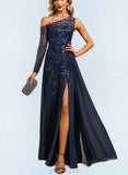 Jaslyn A-line Asymmetrical Illusion Floor-Length Chiffon Lace Evening Dress With Sequins UKP0020814