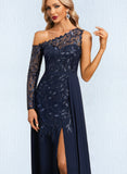 Jaslyn A-line Asymmetrical Illusion Floor-Length Chiffon Lace Evening Dress With Sequins UKP0020814