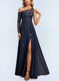 Jaslyn A-line Asymmetrical Illusion Floor-Length Chiffon Lace Evening Dress With Sequins UKP0020814