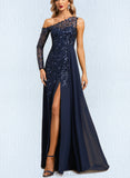 Jaslyn A-line Asymmetrical Illusion Floor-Length Chiffon Lace Evening Dress With Sequins UKP0020814