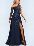 Jaslyn A-line Asymmetrical Illusion Floor-Length Chiffon Lace Evening Dress With Sequins UKP0020814