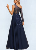 Jaslyn A-line Asymmetrical Illusion Floor-Length Chiffon Lace Evening Dress With Sequins UKP0020814