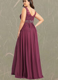 EmeryPiper A-line V-Neck Floor-Length Chiffon Lace Evening Dress With Beading Rhinestone Sequins UKP0020816