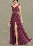 EmeryPiper A-line V-Neck Floor-Length Chiffon Lace Evening Dress With Beading Rhinestone Sequins UKP0020816