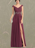 EmeryPiper A-line V-Neck Floor-Length Chiffon Lace Evening Dress With Beading Rhinestone Sequins UKP0020816