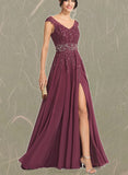 EmeryPiper A-line V-Neck Floor-Length Chiffon Lace Evening Dress With Beading Rhinestone Sequins UKP0020816