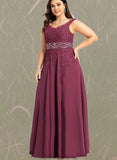 EmeryPiper A-line V-Neck Floor-Length Chiffon Lace Evening Dress With Beading Rhinestone Sequins UKP0020816