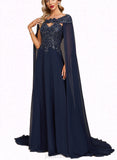 Aspen A-line Scoop Sweep Train Chiffon Lace Evening Dress With Sequins UKP0020820