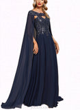 Aspen A-line Scoop Sweep Train Chiffon Lace Evening Dress With Sequins UKP0020820