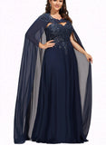 Aspen A-line Scoop Sweep Train Chiffon Lace Evening Dress With Sequins UKP0020820