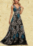 Sydnee A-line V-Neck Floor-Length Lace Evening Dress UKP0020823