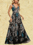 Sydnee A-line V-Neck Floor-Length Lace Evening Dress UKP0020823