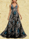 Sydnee A-line V-Neck Floor-Length Lace Evening Dress UKP0020823