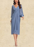 Micaela Sheath/Column V-Neck Tea-Length Chiffon Cocktail Dress With Cascading Ruffles UKP0020824