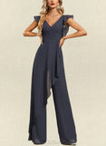 Mayra Jumpsuit/Pantsuit V-Neck Floor-Length Chiffon Evening Dress With Bow Pleated UKP0020826