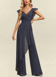 Mayra Jumpsuit/Pantsuit V-Neck Floor-Length Chiffon Evening Dress With Bow Pleated UKP0020826