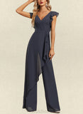 Mayra Jumpsuit/Pantsuit V-Neck Floor-Length Chiffon Evening Dress With Bow Pleated UKP0020826