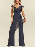 Mayra Jumpsuit/Pantsuit V-Neck Floor-Length Chiffon Evening Dress With Bow Pleated UKP0020826