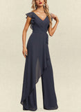 Mayra Jumpsuit/Pantsuit V-Neck Floor-Length Chiffon Evening Dress With Bow Pleated UKP0020826