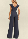 Mayra Jumpsuit/Pantsuit V-Neck Floor-Length Chiffon Evening Dress With Bow Pleated UKP0020826