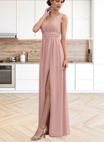 Hedwig A-line V-Neck Floor-Length Chiffon Evening Dress With Pleated UKP0020827