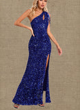 Erica Sheath/Column One Shoulder Floor-Length Sequin Prom Dresses With Sequins UKP0020828