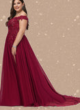 Marcia A-line Off the Shoulder Sweep Train Chiffon Lace Evening Dress With Sequins UKP0020830