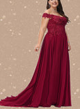 Marcia A-line Off the Shoulder Sweep Train Chiffon Lace Evening Dress With Sequins UKP0020830