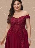 Marcia A-line Off the Shoulder Sweep Train Chiffon Lace Evening Dress With Sequins UKP0020830