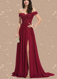 Marcia A-line Off the Shoulder Sweep Train Chiffon Lace Evening Dress With Sequins UKP0020830