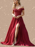 Marcia A-line Off the Shoulder Sweep Train Chiffon Lace Evening Dress With Sequins UKP0020830