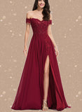 Marcia A-line Off the Shoulder Sweep Train Chiffon Lace Evening Dress With Sequins UKP0020830