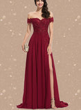 Marcia A-line Off the Shoulder Sweep Train Chiffon Lace Evening Dress With Sequins UKP0020830