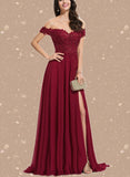 Marcia A-line Off the Shoulder Sweep Train Chiffon Lace Evening Dress With Sequins UKP0020830