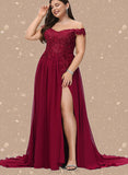 Marcia A-line Off the Shoulder Sweep Train Chiffon Lace Evening Dress With Sequins UKP0020830